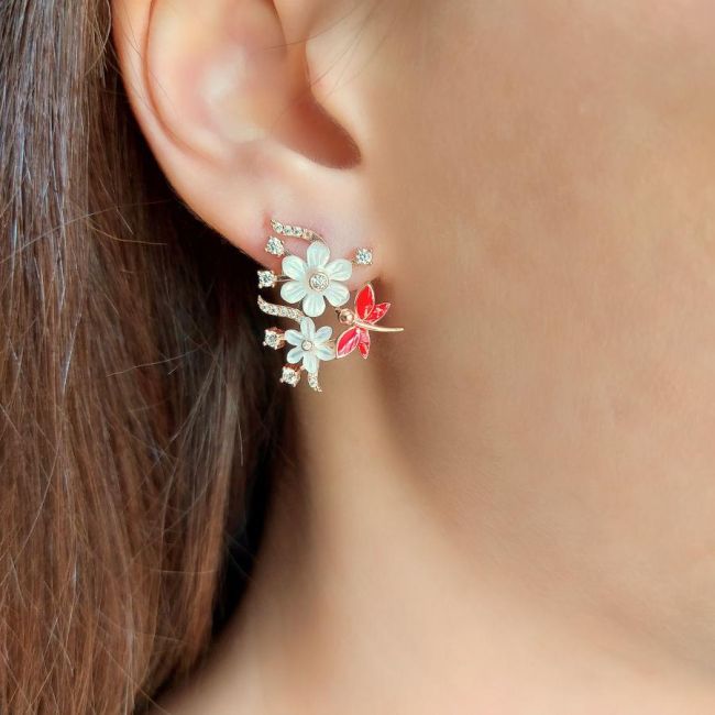 Floral Red Dragonfly Silver Women's Earrings - 1