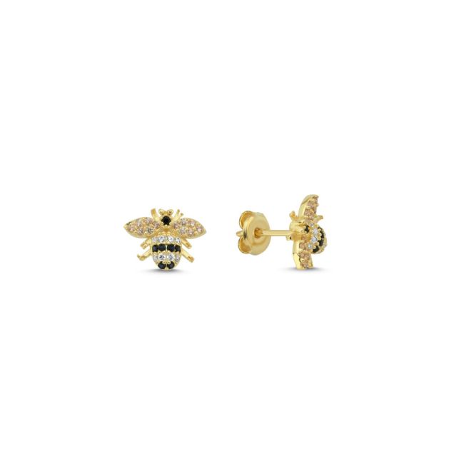 Renkli Taşlı Minimal Arı Gold Gümüş Kadın Küpe - 1