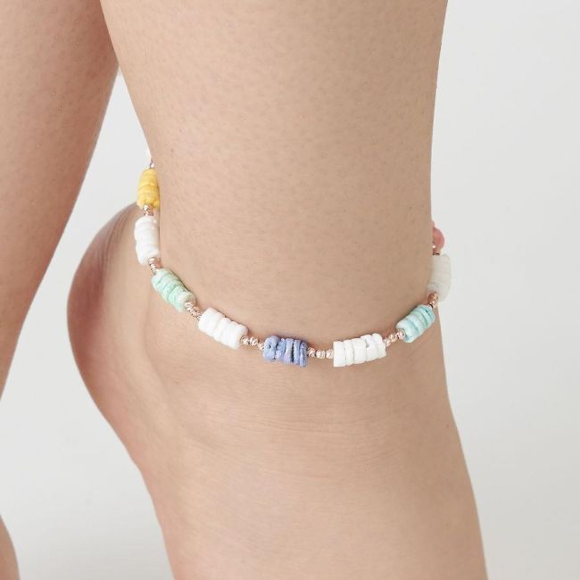 Shiny Rosegold Ball Silver Anklet with Colorful Stones - 1