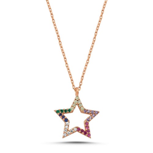 Renkli Taşlı Yıldız Rose Kadın Gümüş Kolye - CNG Jewels