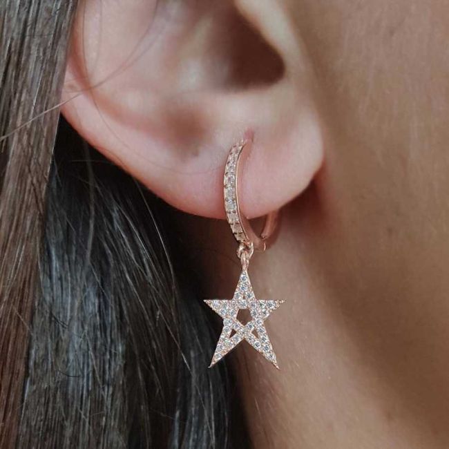 Rose Stone Star Silver Dangle Earrings - 1