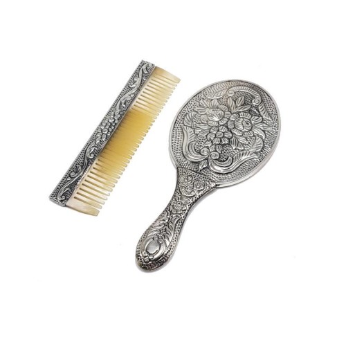 Rose Hand Mirror Comb Double Silver Set - Thumbnail