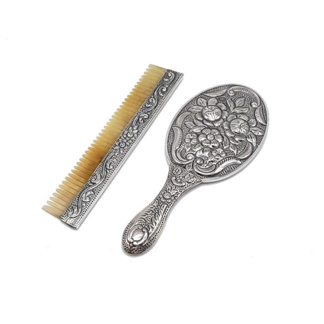 Rose Patterned Hand Mirror Comb Set of Two Silver No. 2 - 1