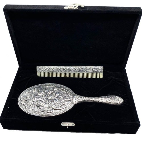 Rose Large Hand Mirror Comb Double Silver Set No 4 - Thumbnail