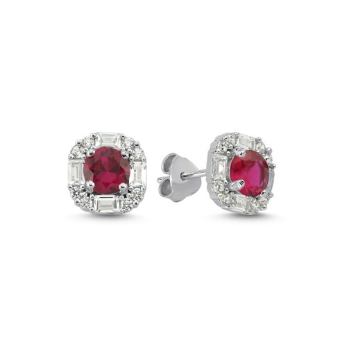 Ruby Baguette Stone Design Women's Silver Earrings - 1