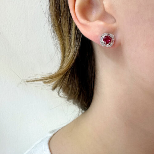 Ruby Baguette Stone Design Women's Silver Earrings - 2