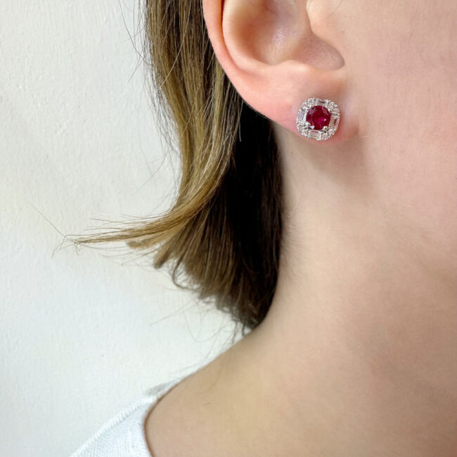 Ruby Baguette Stone Design Women's Silver Earrings - 2