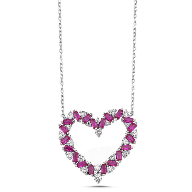 Ruby Baguette Stone Design Heart Silver Women's Necklace - 1