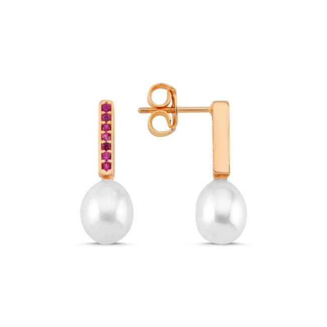 Ruby Drop Real Pearl Rose Women's Silver Earrings - 1