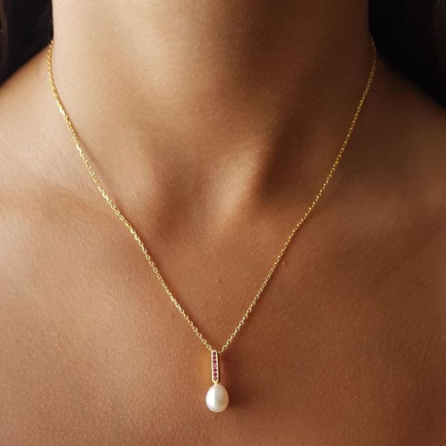 Ruby Real Drop Pearl Gold Women's Silver Necklace - 2