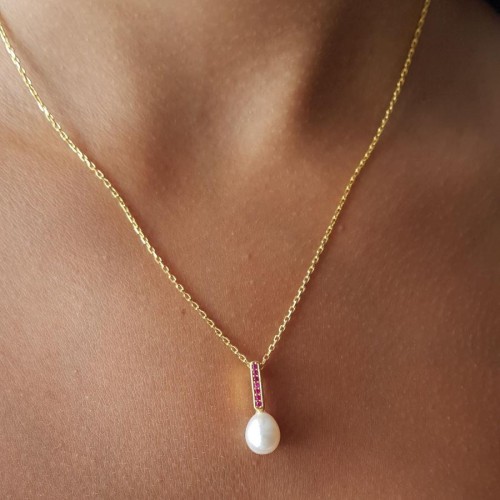 Ruby Real Drop Pearl Gold Women's Silver Necklace - 3