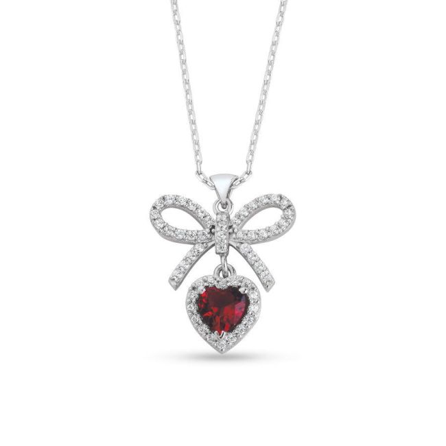 Ruby Heart Bow Silver Women's Necklace - 1