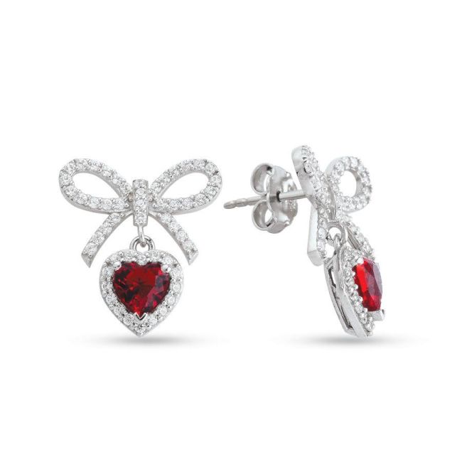Ruby Heart Bow Silver Women's Earrings - 1