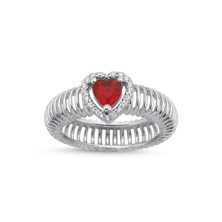 Ruby Kalp Tektaş Akordiyon Kadın Gümüş Yüzük - CNG Jewels