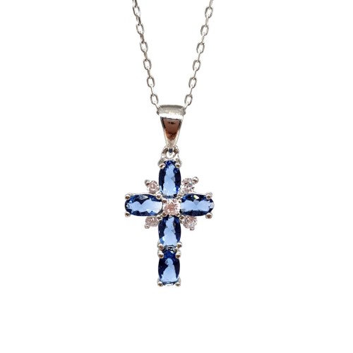 Safir Taşlı Haç Kadın Gümüş Kolye - CNG Jewels