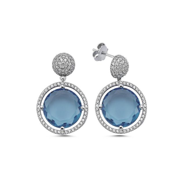Sallantılı Flat Blue Taşlı Gümüş Küpe - 1
