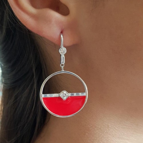 Sallantılı Geometrik Kırmızı Mineli Gümüş Kadın Küpe - 1