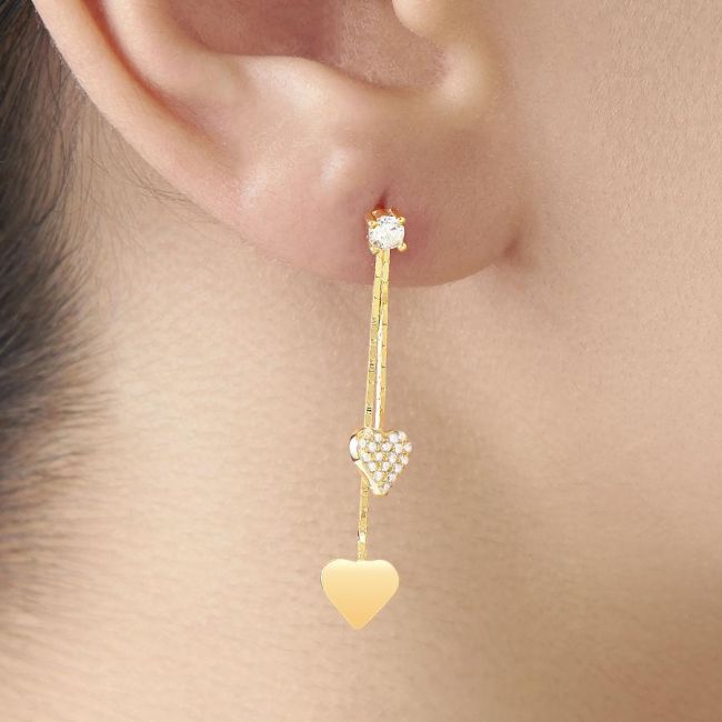 Sallantılı İkili Kalp Gold Gümüş Kadın Küpe - 1