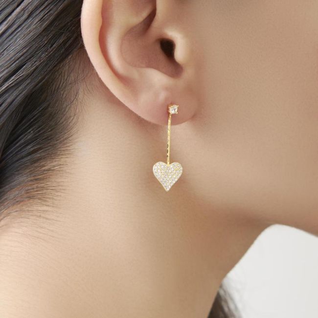 Sallantılı İkili Kalp Gold Gümüş Kadın Küpe - 2