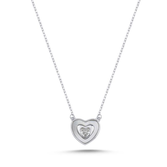 Mother of Pearl Heart Solitaire Silver Women's Necklace - 1