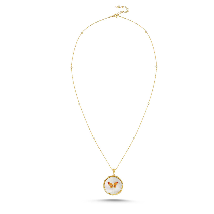Mother of Pearl Stone Colorful Butterfly Medallion Women's Silver Necklace - CNG Jewels (1)