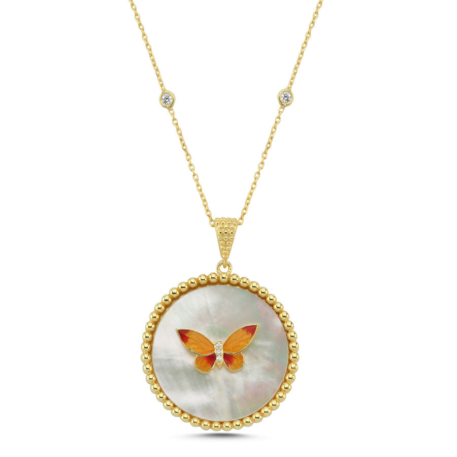 Mother of Pearl Stone Colorful Butterfly Medallion Women's Silver Necklace - CNG Jewels