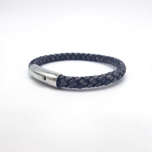 Cylinder Gray Knitted Leather Steel Men's Bracelet - 1