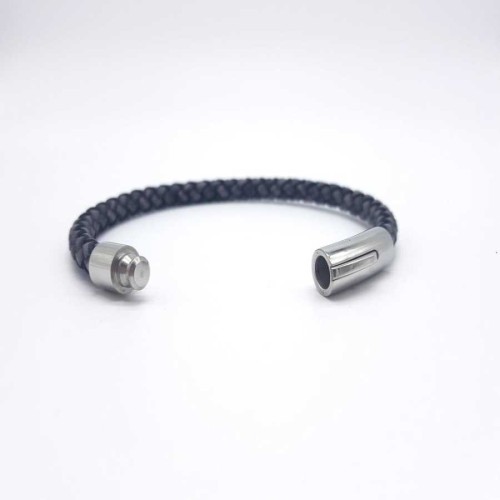 Cylinder Gray Knitted Leather Steel Men's Bracelet - 2
