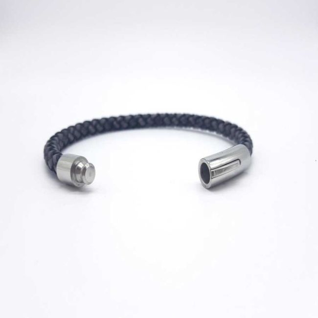 Cylinder Gray Knitted Leather Steel Men's Bracelet - 2