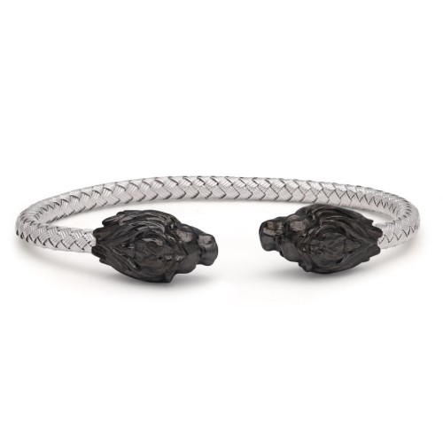Black Lion White Straw Knit Silver Men's Bracelet - 2