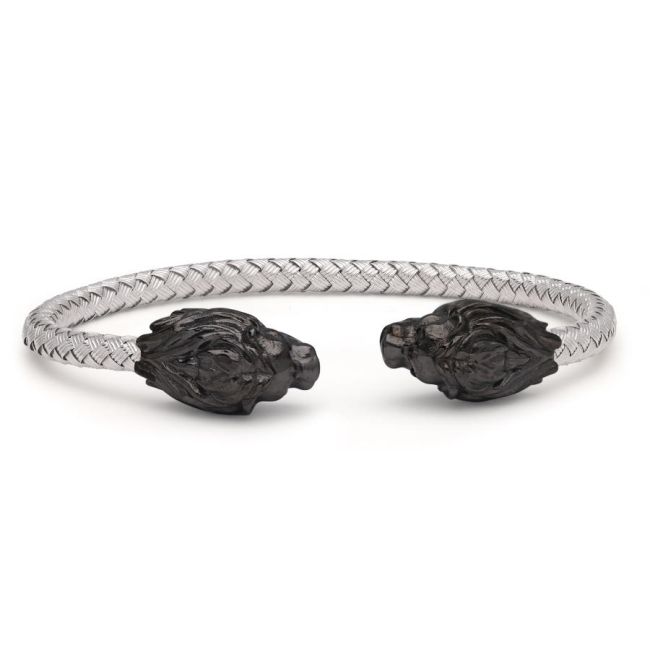 Black Lion White Straw Knit Silver Men's Bracelet - 2