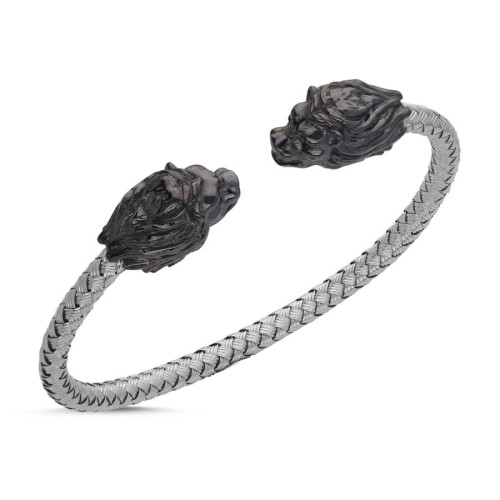 Black Lion White Straw Knit Silver Men's Bracelet - 1