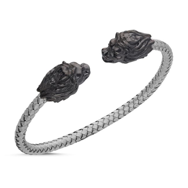 Black Lion White Straw Knit Silver Men's Bracelet - 1