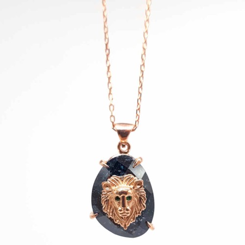 Siyah Buz Kuvars Taşlı Aslan Kafası Rose Gümüş Kolye - CNG Jewels