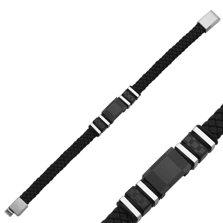 Black Leather Gingham Patterned Black Steel Men's Bracelet - CNG Jewels (1)