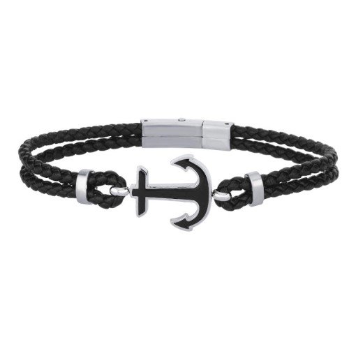 Black Enameled Anchor Leather Steel Men's Bracelet - 1