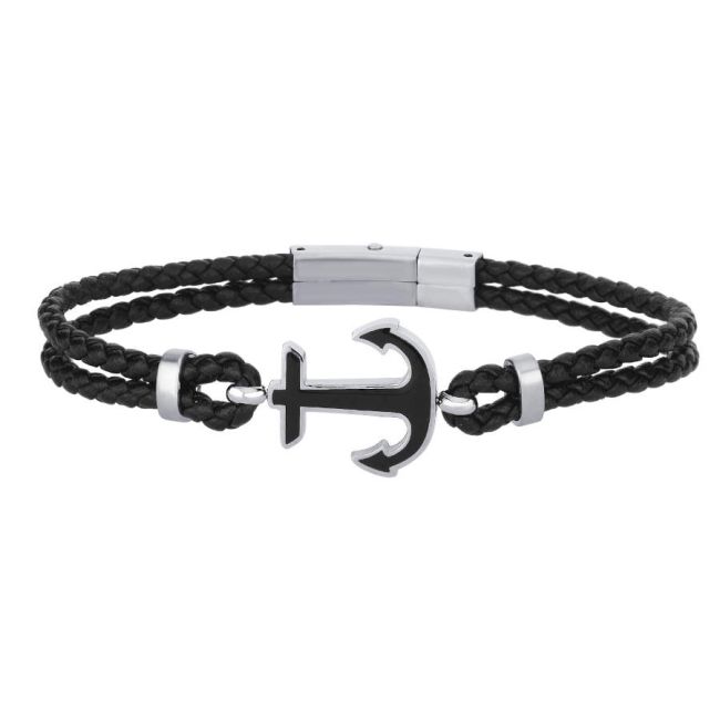 Black Enameled Anchor Leather Steel Men's Bracelet - 1