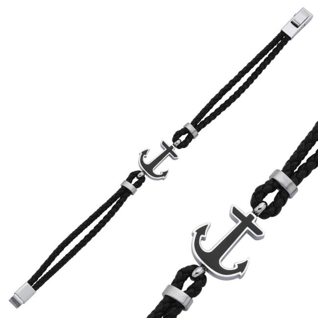 Black Enameled Anchor Leather Steel Men's Bracelet - 2