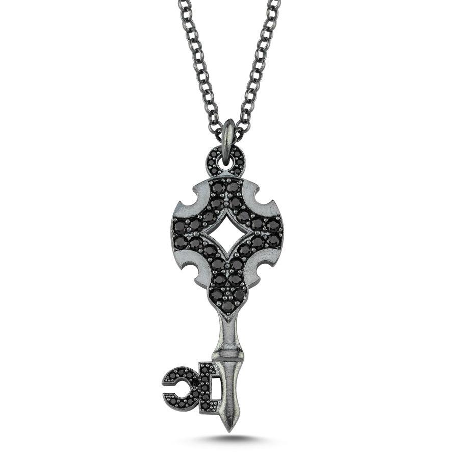 Siyah Taşlı Anahtar Özel Tasarım Gümüş Erkek Kolye - CNG Jewels