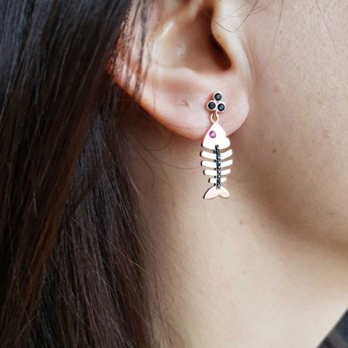 Black Stone Fishbone Design Silver Earrings - CNG Jewels