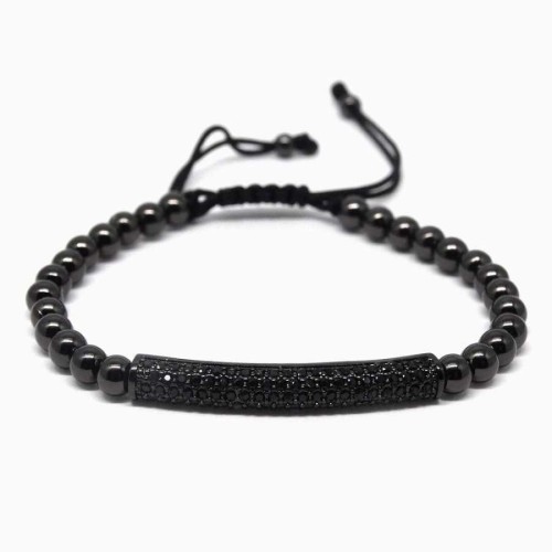 Black Stone Bar Black Ball Macrame Men's Bracelet - 1