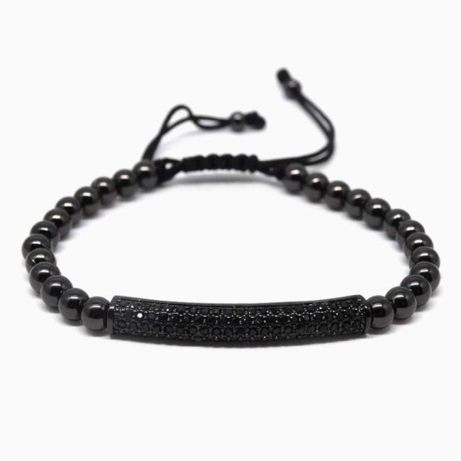 Black Stone Bar Black Ball Macrame Men's Bracelet - 1