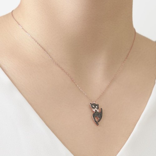 Black Stone Cat Silver Women's Necklace - CNG Jewels