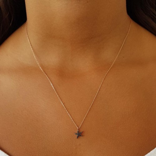 Black Stone Small Starfish Silver Women's Necklace - CNG Jewels (1)