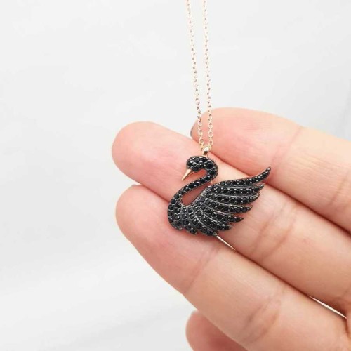 Black Stone Swan Model Silver Women's Necklace - CNG Jewels (1)
