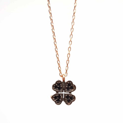 Small Four Leaf Clover Silver Women's Necklace with Black Stones - CNG Jewels