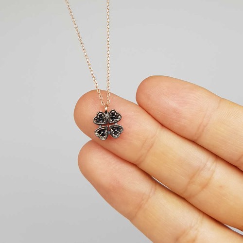 Small Four Leaf Clover Silver Women's Necklace with Black Stones - CNG Jewels (1)