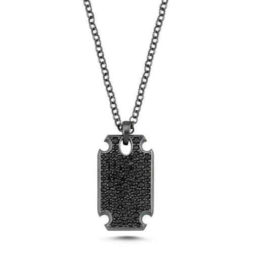Black Stone Night Design Plate Silver Men's Necklace - 1