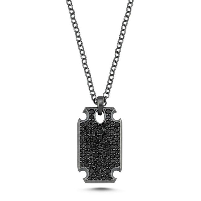 Black Stone Night Design Plate Silver Men's Necklace - 1