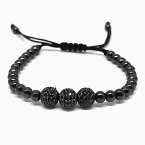 Macrame Steel Men's Bracelet with Black Stones and Black Balls - 1